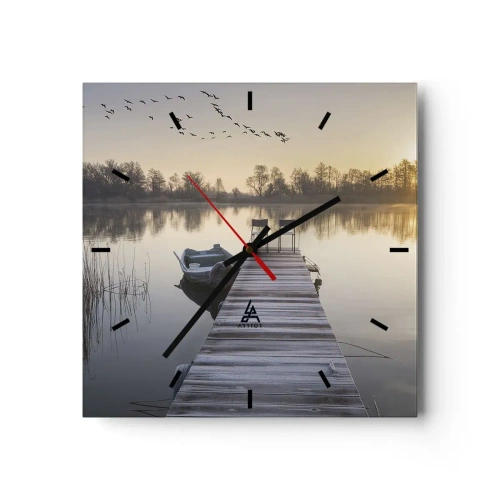 Horloge murale - Pendule murale - Une jetée au bord du lac le matin avec un bateau et des chaises - 30x30cm - Je reviendrai - Décoration murale moderne pour le salon et la chambre ARTTOR