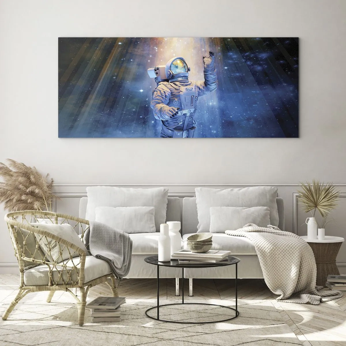 Impression sur verre - Image sur verre - Un astronaute à la lumière d'une explosion cosmique pleine d'étoiles - 160x50cm - Enfin arrivé - Décoration murale moderne pour le salon et la chambre ARTTOR