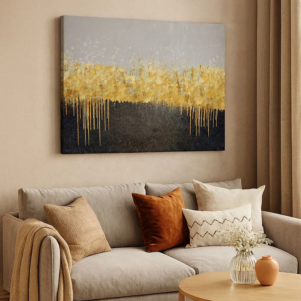 Impression sur toile - Image sur toile - Composition abstraite dans les tons d'or et de noir - 70x50cm - Vers l'intérieur et vers le haut - Décoration murale moderne pour le salon et la chambre ARTTOR