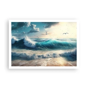 Affiche - Poster - Vagues de la mer sur la plage sous un ciel bleu avec des mouettes - 100x70cm - Ça bourdonne seulement pour toi - Décoration murale moderne pour le salon et la chambre ARTTOR