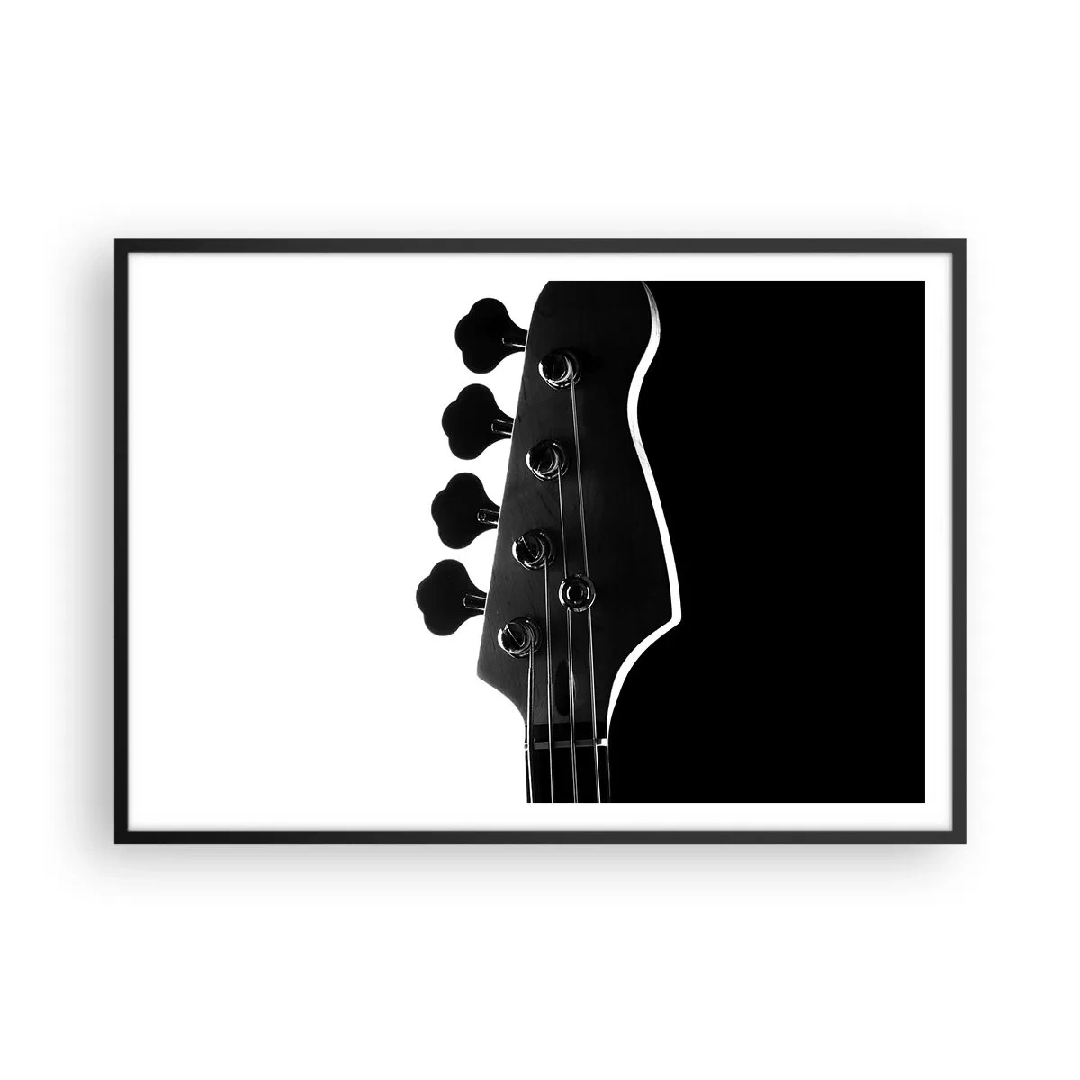 Affiche dans un cadre noir - Poster - Silhouette noire et blanche d'une tête de guitare basse - 100x70cm - Silence de roche - Décoration murale moderne pour le salon et la chambre ARTTOR