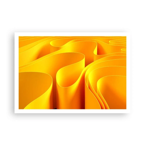 Affiche - Poster - Vagues abstraites jaunes ressemblant à des rayons de soleil - 100x70cm - Comme les vagues du soleil - Décoration murale moderne pour le salon et la chambre ARTTOR