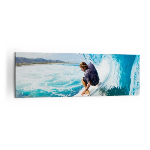 Impression sur toile - Image sur toile - Un surfeur dans une pose dynamique sur une vague dans une eau turquoise. - 160x50cm - Danse avec les vagues - Décoration murale moderne pour le salon et la chambre ARTTOR