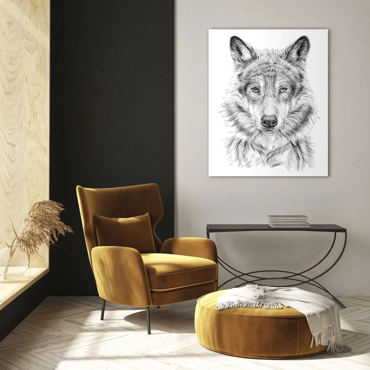 Impression sur verre - Image sur verre - Croquis d'une tête de loup dans un style monochrome sur fond blanc - 80x120cm - Un leader né - Décoration murale moderne pour le salon et la chambre ARTTOR