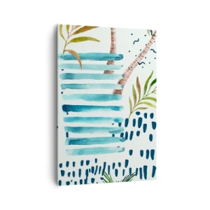 Impression sur toile - Image sur toile - Motif abstrait avec des palmiers et des accents nautiques - 70x100cm - Des vacances sous les palmiers - Décoration murale moderne pour le salon et la chambre ARTTOR