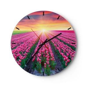 Horloge murale - Pendule murale - Un champ de tulipes rouges au coucher du soleil - 30x30cm - Ferme de la beauté - Décoration murale moderne pour le salon, la cuisine et la chambre ARTTOR