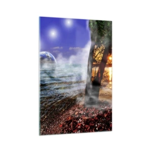 Impression sur verre - Image sur verre - Paysage fantastique avec mer, arbre et coucher de soleil. - 70x100cm - Paysage surréaliste - unité de la nature - Décoration murale moderne pour le salon et la chambre ARTTOR