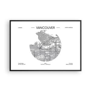 Affiche dans un cadre noir - Poster - Une carte de Vancouver dans un style minimaliste en noir et blanc - 100x70cm - Anatomie de Vancouver - Décoration murale moderne pour le salon et la chambre ARTTOR