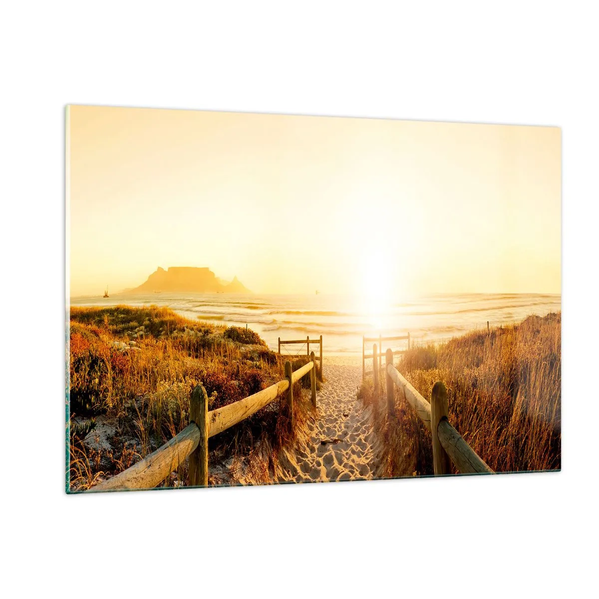 Impression sur verre - Image sur verre - Chemin sur la dune menant à la plage au coucher du soleil - 120x80cm - A travers la dune, vers le soleil - Décoration murale moderne pour le salon et la chambre ARTTOR