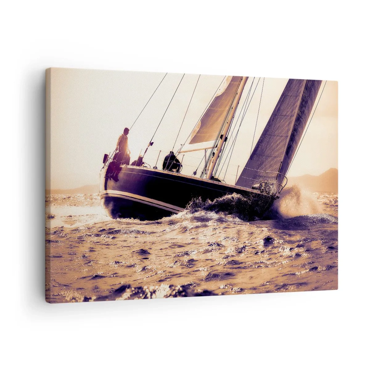 Impression sur toile - Image sur toile - Un yacht sur une mer agitée à la lumière du soleil couchant - 70x50cm - Navigue, marin - Décoration murale moderne pour le salon et la chambre ARTTOR