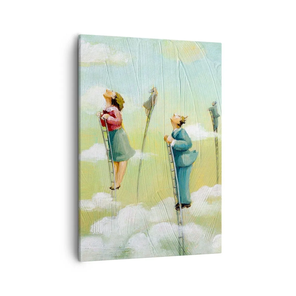 Impression sur toile - Image sur toile - Personnages grimpant sur des échelles parmi des nuages sur un fond pastel. - 50x70cm - Derrière ton rêve - Décoration murale moderne pour le salon et la chambre ARTTOR
