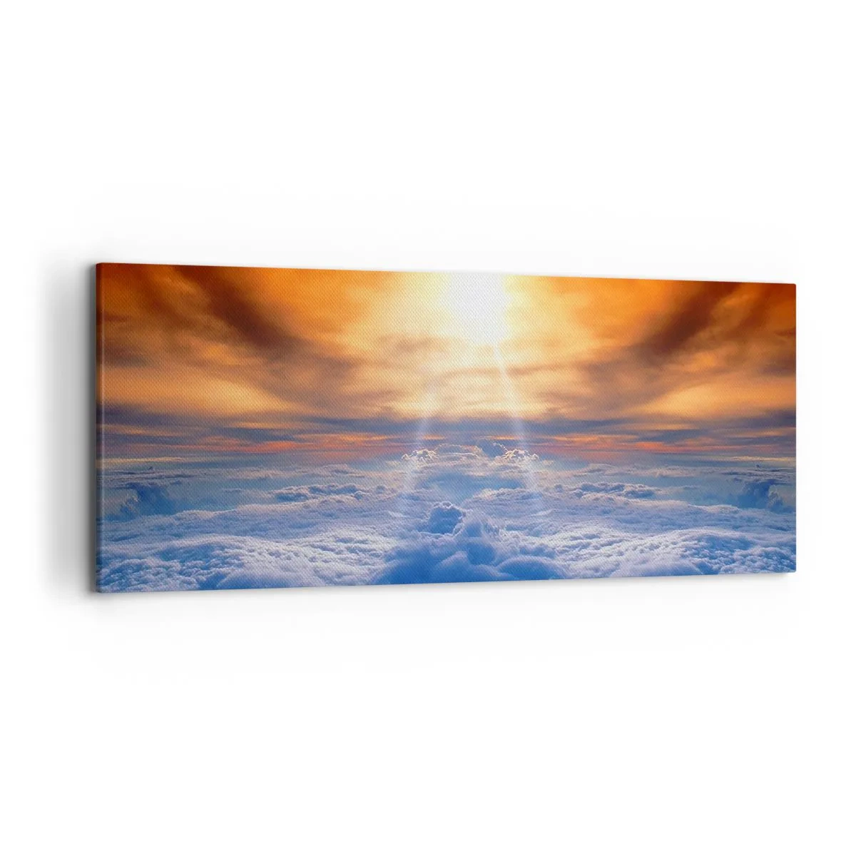 Impression sur toile - Image sur toile - Coucher de soleil au dessus des nuages, le ciel plein de couleurs dorées et de lumière. - 120x50cm - Paysage mystique - Décoration murale moderne pour le salon et la chambre ARTTOR
