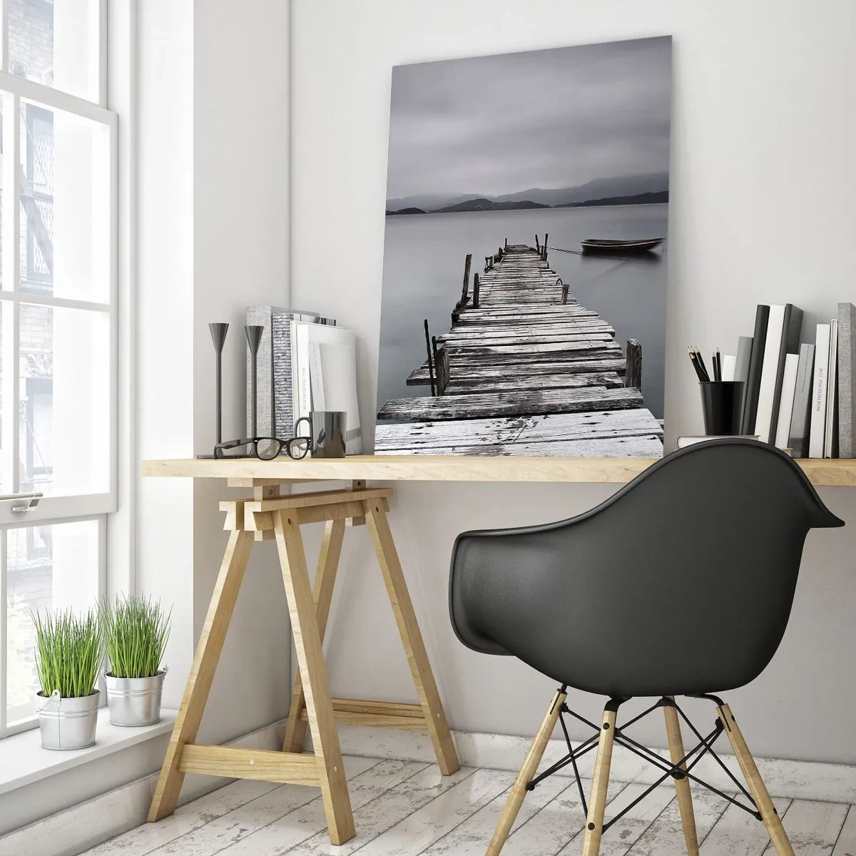 Impression sur verre - Image sur verre - Un pont en bois menant à la surface calme du lac - 70x100cm - Tu peux partir demain - Décoration murale moderne pour le salon et la chambre ARTTOR