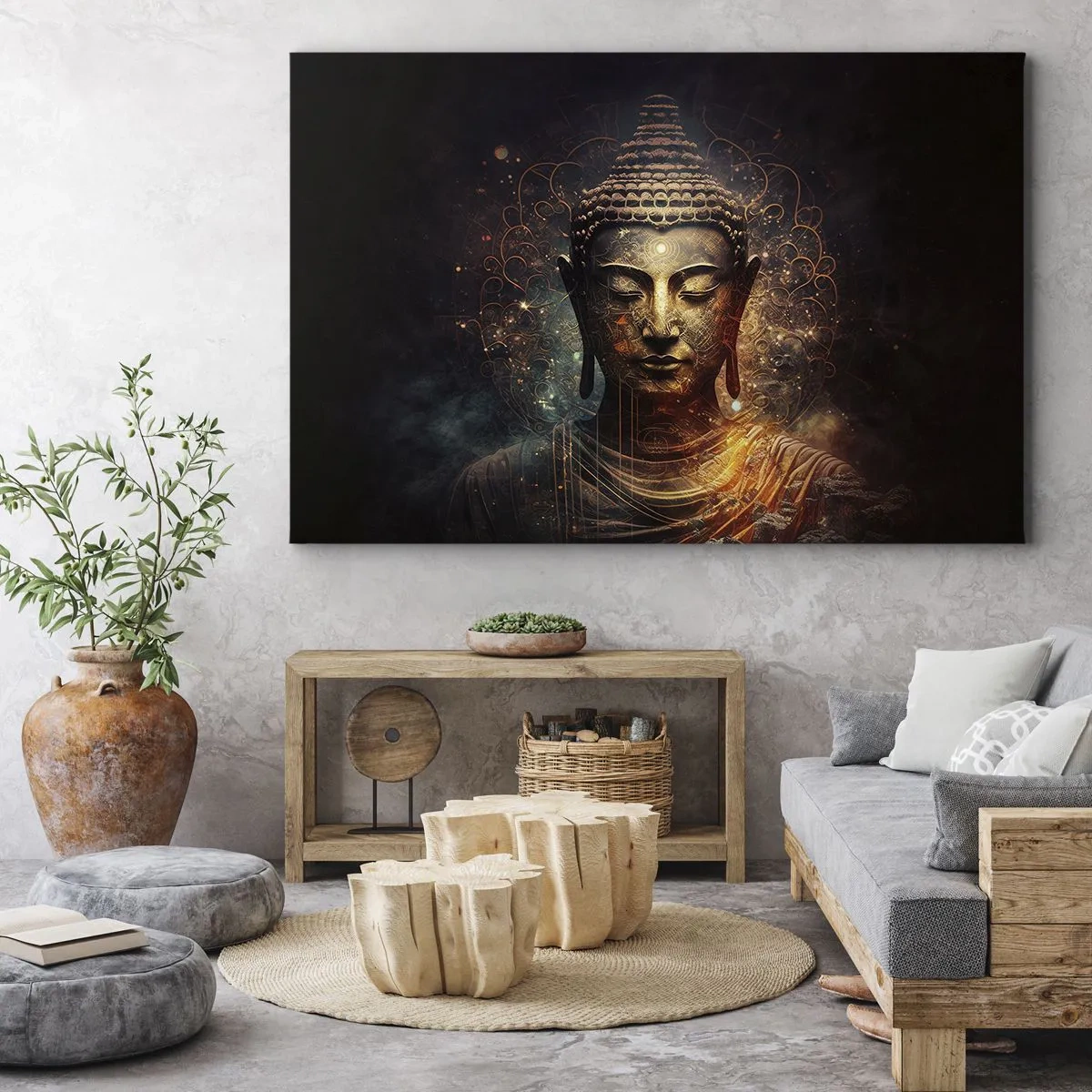 Impression sur toile - Image sur toile - Bouddha doré sur fond sombre avec ornements - 100x70cm - Équilibre spirituel - Décoration murale moderne pour le salon et la chambre ARTTOR