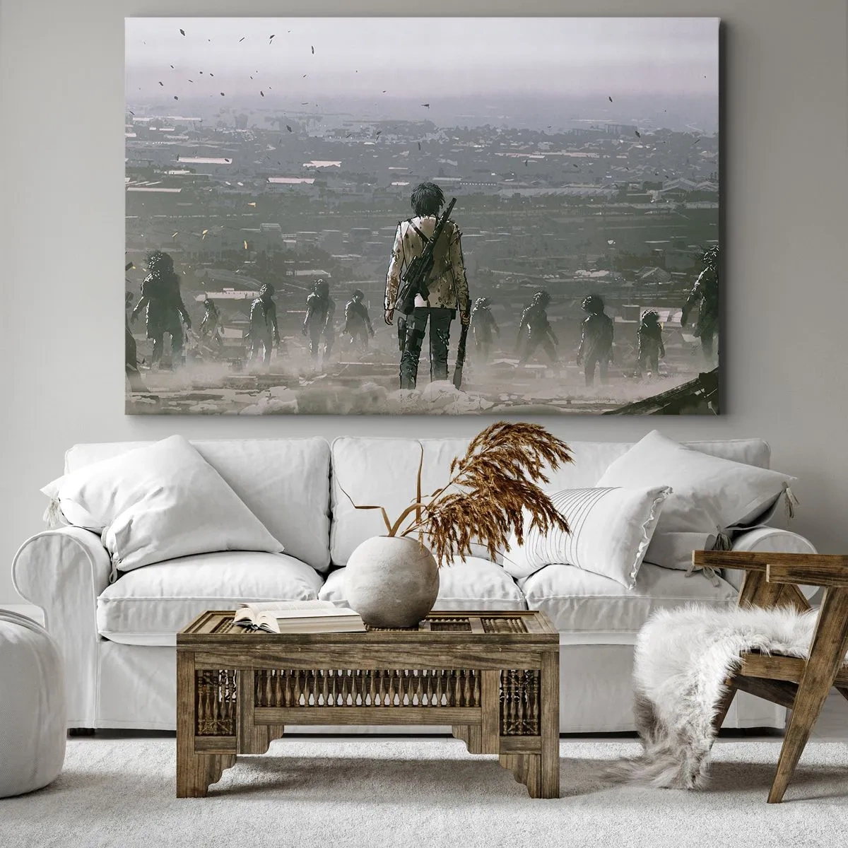 Impression sur toile - Image sur toile - Une silhouette avec une arme se tient devant un groupe dans un paysage dystopique. - 100x70cm - Dernier samaritain ? - Décoration murale moderne pour le salon et la chambre ARTTOR