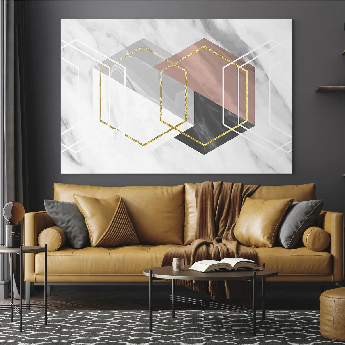 Impression sur verre - Image sur verre - Formes géométriques dorées sur fond de marbre - 120x80cm - Composition en chaîne - Décoration murale moderne pour le salon et la chambre ARTTOR