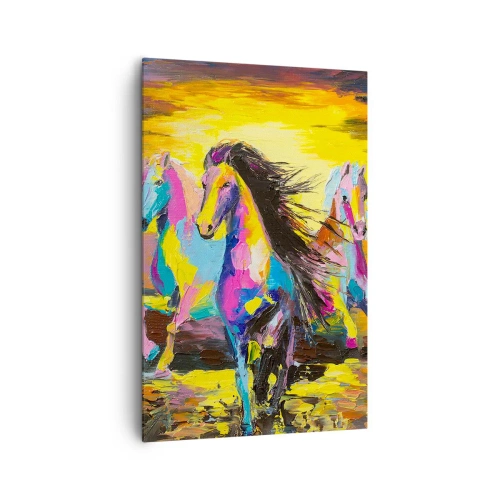 Impression sur toile - Image sur toile - Chevaux colorés galopant sur fond de soleil couchant - 80x120cm - Immergé dans l'arc-en-ciel - Décoration murale moderne pour le salon et la chambre ARTTOR