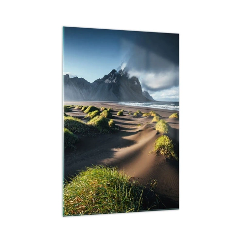 Impression sur verre - Image sur verre - Dunes vertes avec un arrière-plan montagneux sous un ciel bleu - 70x100cm - Harmonie des éléments - Décoration murale moderne pour le salon et la chambre ARTTOR