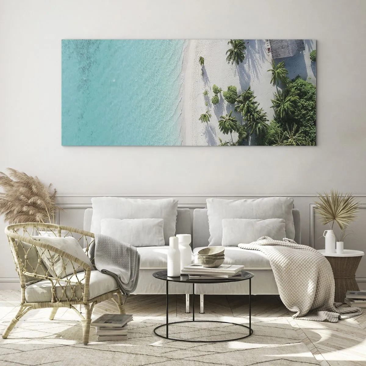 Impression sur verre - Image sur verre - Vue plongeante sur une plage tropicale avec de l'eau turquoise et des palmiers - 140x50cm - Vacances au paradis - Décoration murale moderne pour le salon et la chambre ARTTOR
