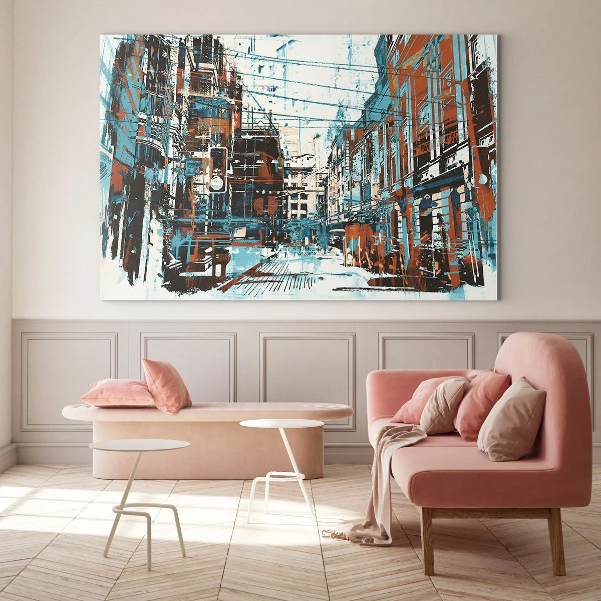 Impression sur verre - Image sur verre - Une rue pittoresque de la ville dans un style artistique et usé - 100x70cm - Un sentier de ville usé - Décoration murale moderne pour le salon et la chambre ARTTOR