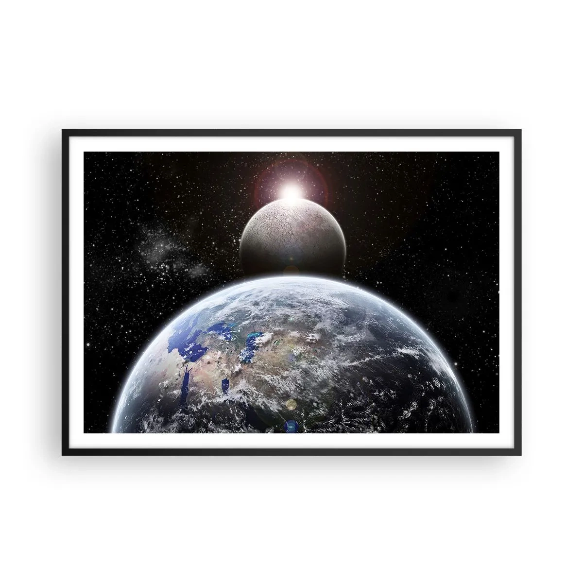 Affiche dans un cadre noir - Poster - La planète Terre et la Lune sur fond d'espace étoilé. - 100x70cm - Paysage cosmique - lever de soleil - Décoration murale moderne pour le salon et la chambre ARTTOR