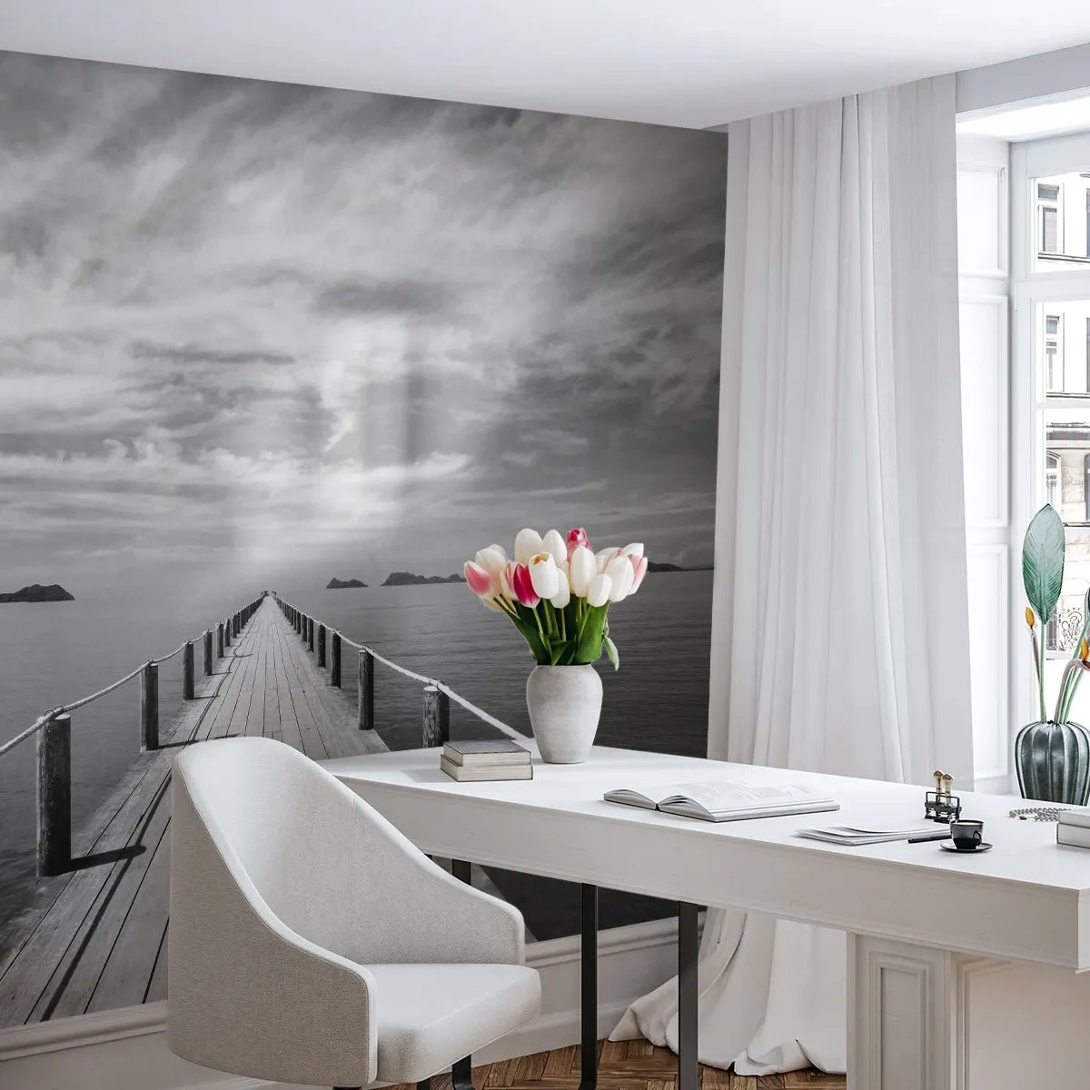 Papier Peint Photo Premium Sand - Une jetée en bois menant au loin sur une mer calme - 100x70cm - Et peut-être un voyage... - Décoration murale moderne pour le salon et la chambre ARTTOR