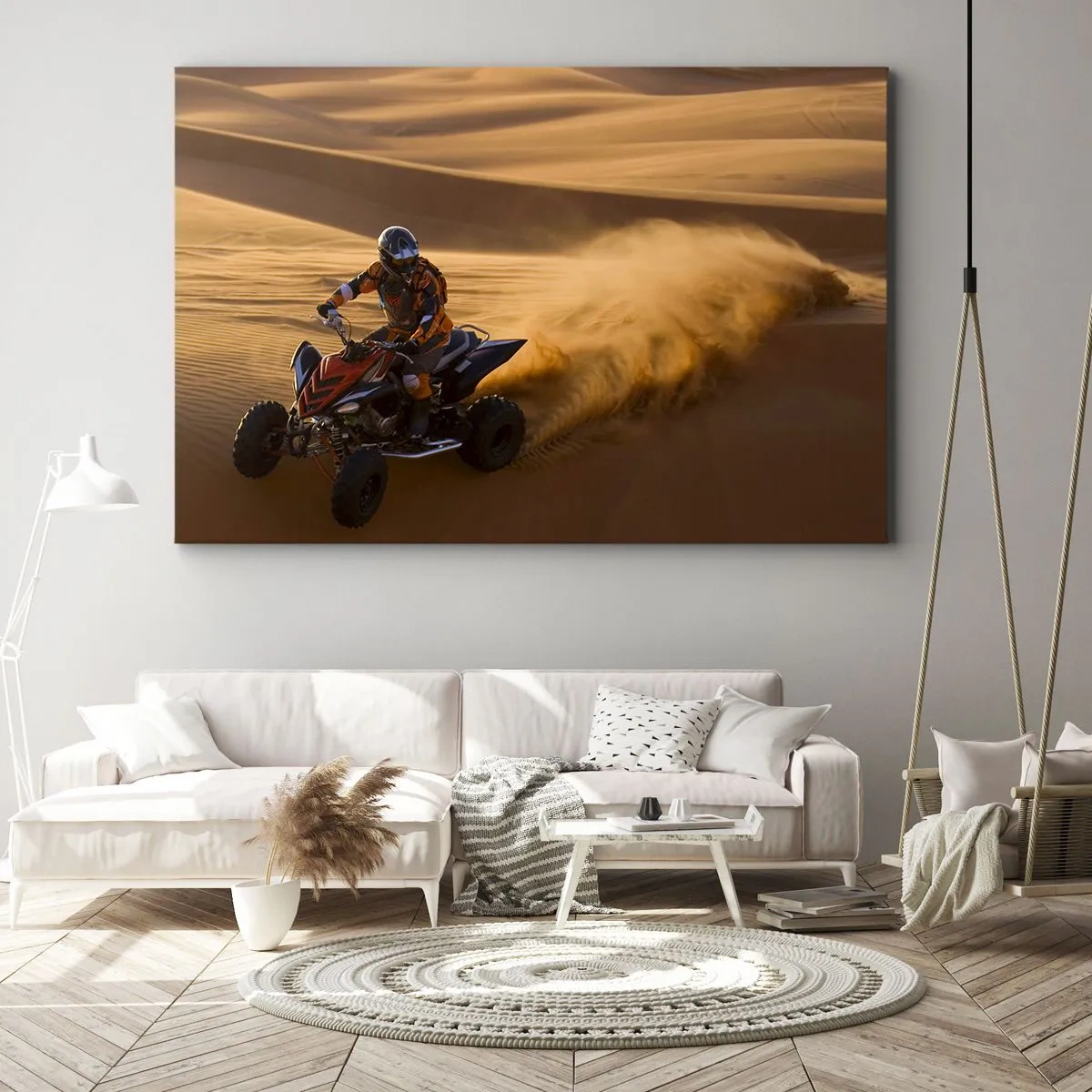 Impression sur toile - Image sur toile - Un motocycliste sur un quad traversant à toute vitesse les dunes de sable du désert - 120x80cm - Sur les vagues de sable - Décoration murale moderne pour le salon et la chambre ARTTOR