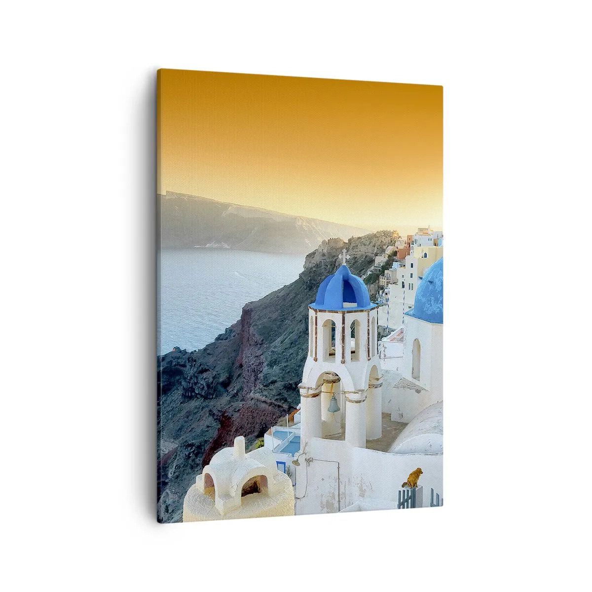 Impression sur toile - Image sur toile - Vue de Santorin avec des bâtiments blancs et une mer bleue - 50x70cm - Santorin - blotti contre les rochers - Décoration murale moderne pour le salon et la chambre ARTTOR