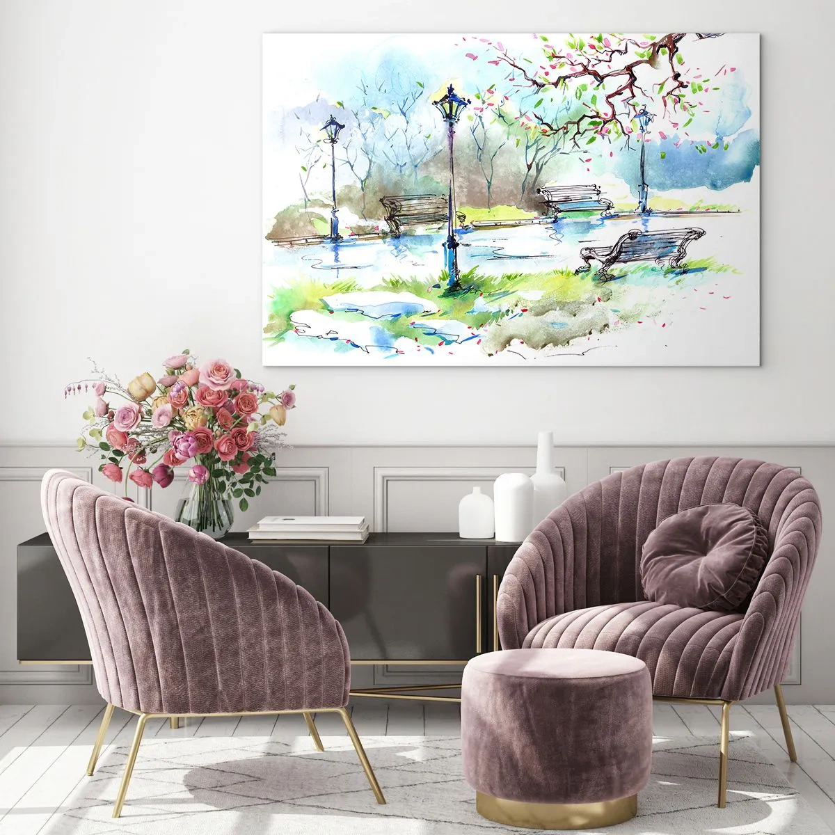 Impression sur verre - Image sur verre - Aquarelle représentant une scène de parc avec des bancs et des lanternes - 70x50cm - Le charme du silence d'un parc - Décoration murale moderne pour le salon et la chambre ARTTOR