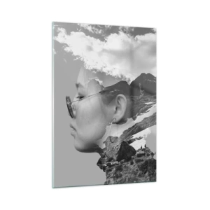 Impression sur verre - Image sur verre - Un portrait créatif en double exposition avec un paysage de montagne et des nuages - 50x70cm - Portrait de montagnes et nuages - Décoration murale moderne pour le salon et la chambre ARTTOR
