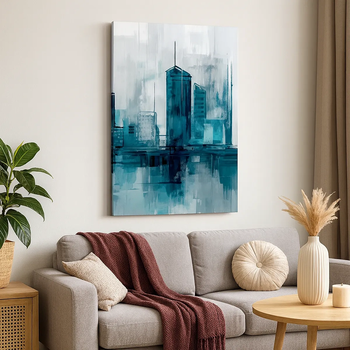 Impression sur toile - Image sur toile - Une ville moderne aux tons turquoise et gris - 50x70cm - Une ville couleur de pluie - Décoration murale moderne pour le salon et la chambre ARTTOR