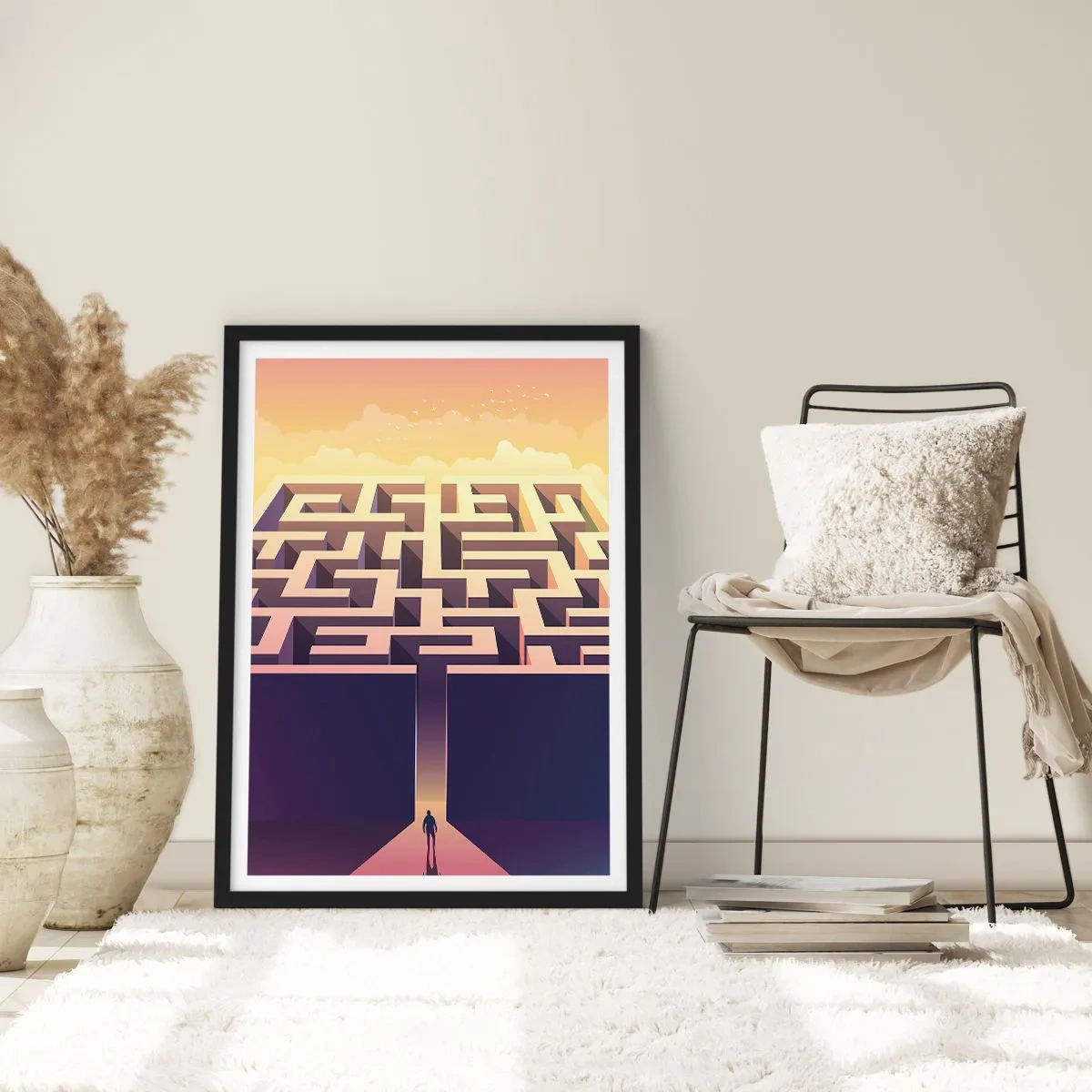 Affiche dans un cadre noir - Poster - Un labyrinthe symbolique dans une lumière dorée - 50x70cm - Le temps de la décision - Décoration murale moderne pour le salon et la chambre ARTTOR