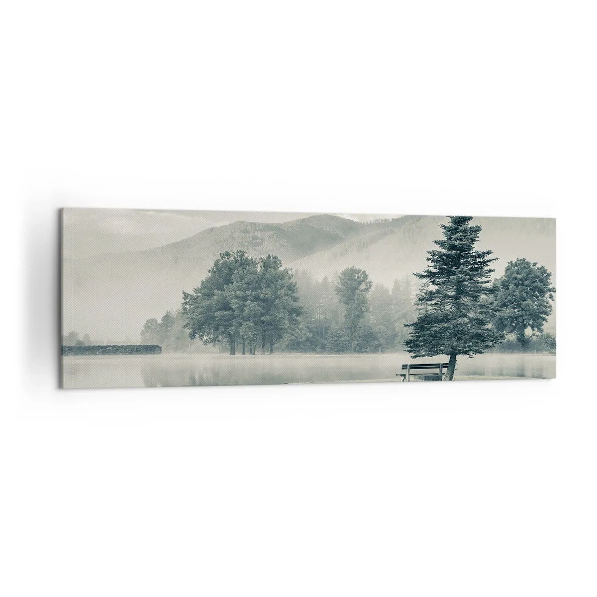 Impression sur toile - Image sur toile - Un lac pittoresque avec un banc et du brouillard en arrière-plan - 160x50cm - Le lac dort encore - Décoration murale moderne pour le salon et la chambre ARTTOR