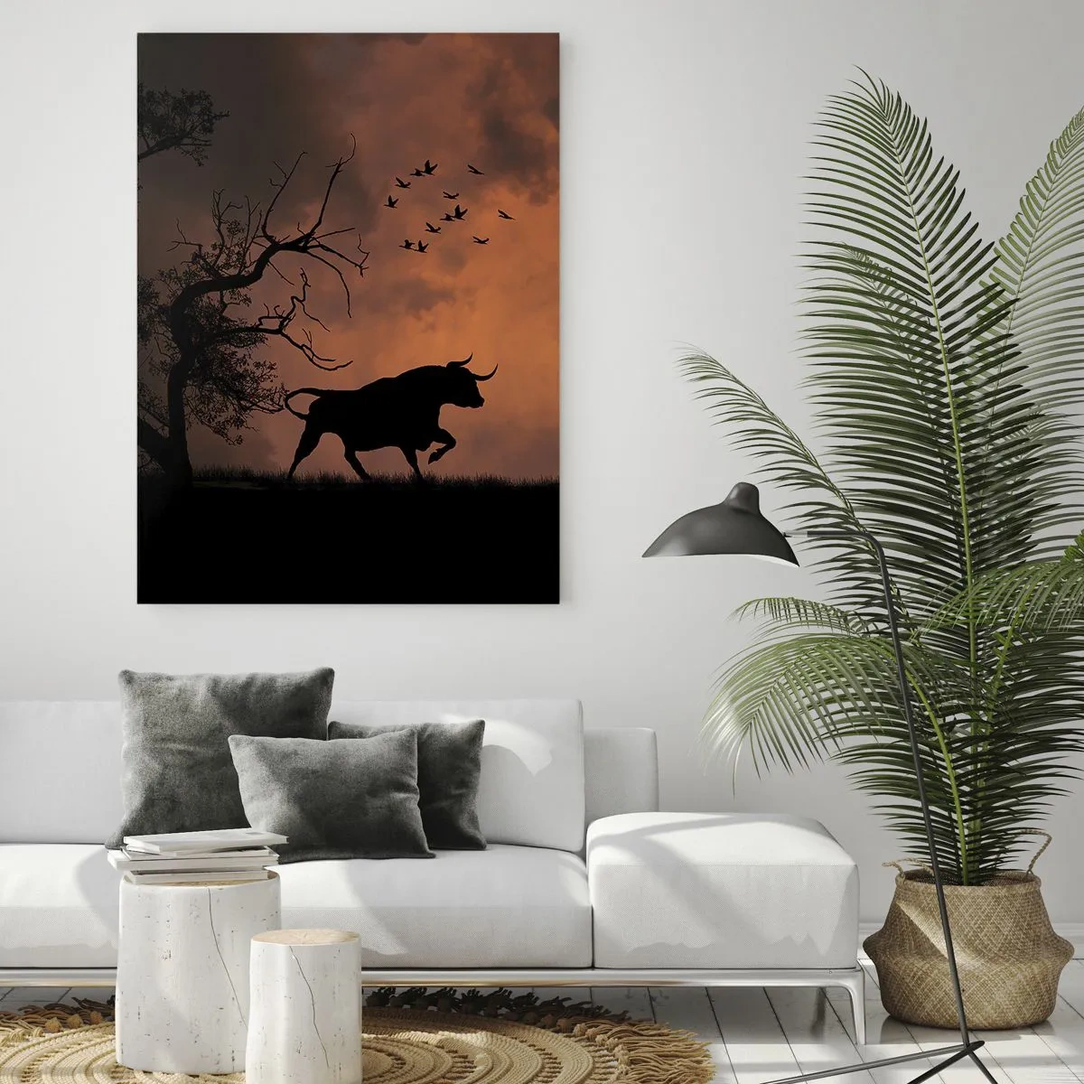 Impression sur verre - Image sur verre - Silhouettes de taureaux sur un ciel orange au crépuscule - 50x70cm - Un spectacle dramatique de la nature - Décoration murale moderne pour le salon et la chambre ARTTOR