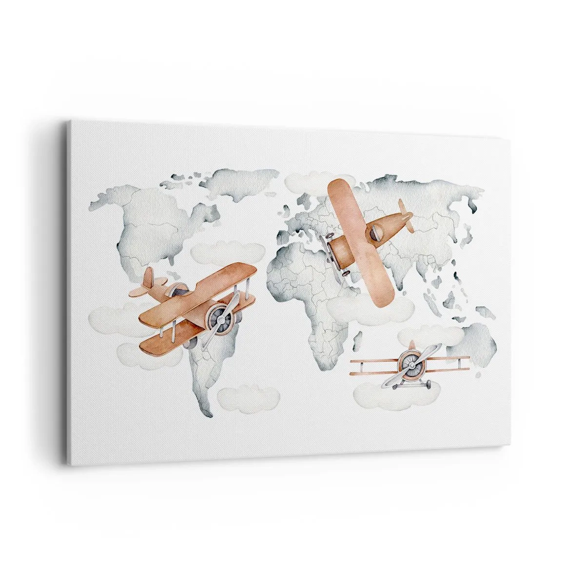 Impression sur toile - Image sur toile - Illustration d'une carte du monde avec des avions - 120x80cm - Dans un esprit pionnier - Décoration murale moderne pour le salon et la chambre ARTTOR