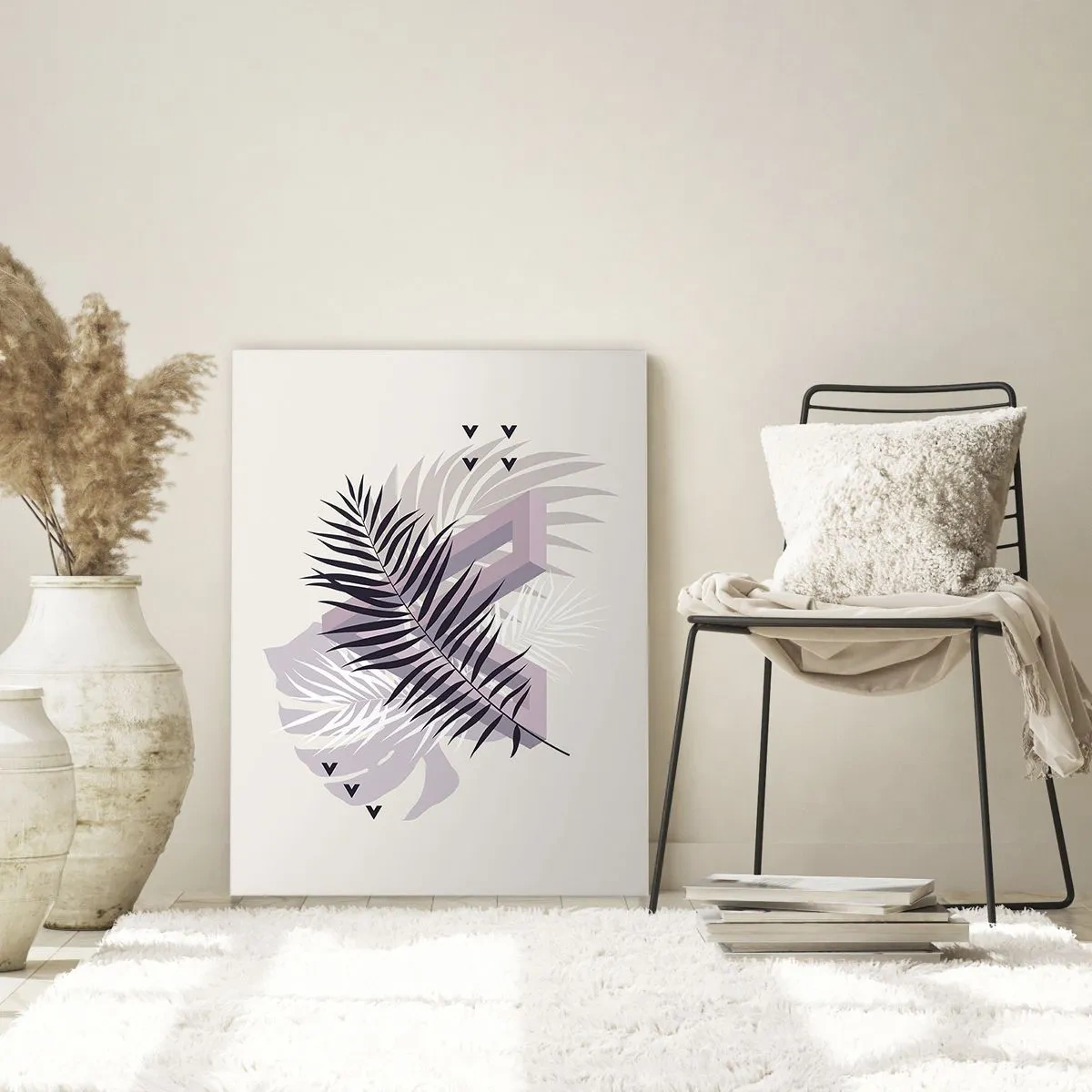 Impression sur verre - Image sur verre - Une composition minimaliste avec des feuilles de palmier et des formes géométriques. - 50x70cm - L'ombre de l'obscurité - Décoration murale moderne pour le salon et la chambre ARTTOR
