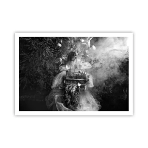 Affiche - Poster - Une composition en noir et blanc avec une figure en robe et une cage dans le brouillard. - 100x70cm - Tout simplement Mère Nature - Décoration murale moderne pour le salon et la chambre ARTTOR