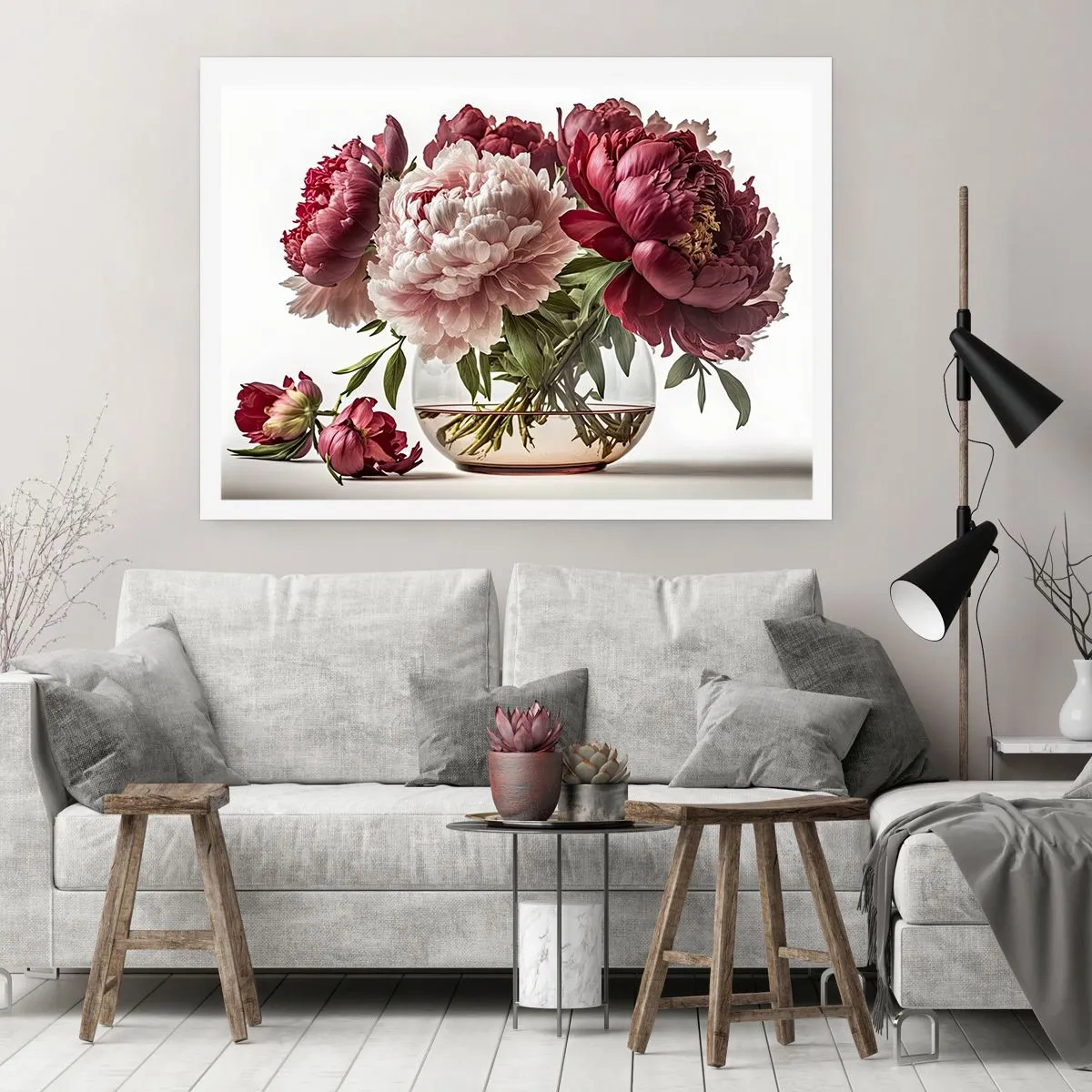 Affiche - Poster - Un bouquet de pivoines dans les tons de rose et de rouge - 100x70cm - En pleine floraison de beauté - Décoration murale moderne pour le salon et la chambre ARTTOR