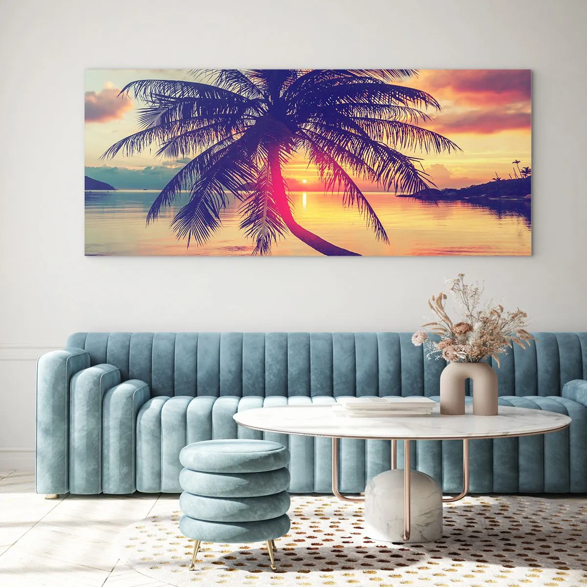 Impression sur verre - Image sur verre - Coucher de soleil avec un palmier sur un rivage tranquille - 120x50cm - Soirée sous les palmiers - Décoration murale moderne pour le salon et la chambre ARTTOR