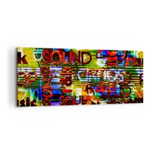 Impression sur toile - Image sur toile - Abstraction colorée avec des inscriptions musicales dans un style pop art - 120x50cm - Toutes les nuances du son - Décoration murale moderne pour le salon et la chambre ARTTOR