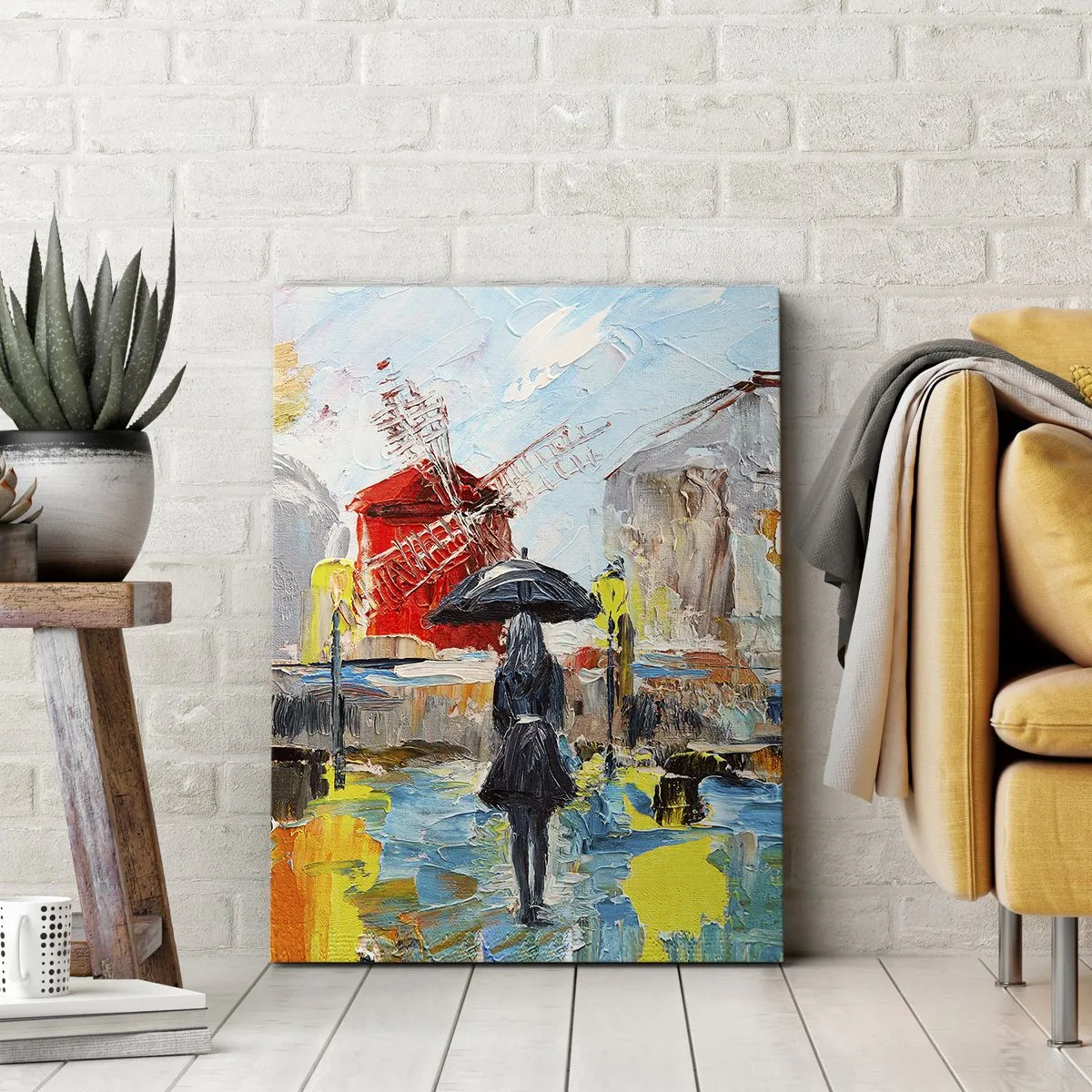 Impression sur toile - Image sur toile - Une scène pittoresque avec un parapluie sur fond de Paris aux couleurs vibrantes. - 50x70cm - Légende parisienne - Décoration murale moderne pour le salon et la chambre ARTTOR