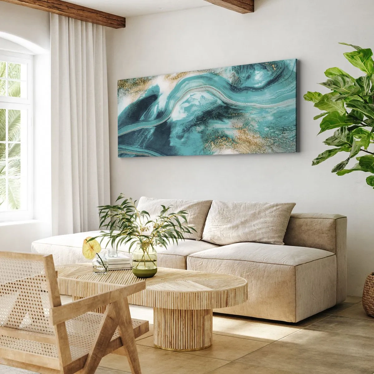 Impression sur toile - Image sur toile - Abstraction turquoise avec des accents blancs et dorés - 160x50cm - Rivière d'or - Décoration murale moderne pour le salon et la chambre ARTTOR