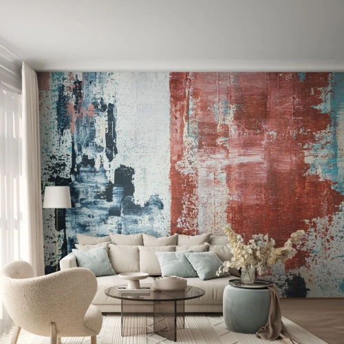 Papier Peint Photo Premium Sand - Composition abstraite avec du rouge et du bleu - 100x70cm - Moitié-moitié abstrait - Décoration murale moderne pour le salon et la chambre ARTTOR