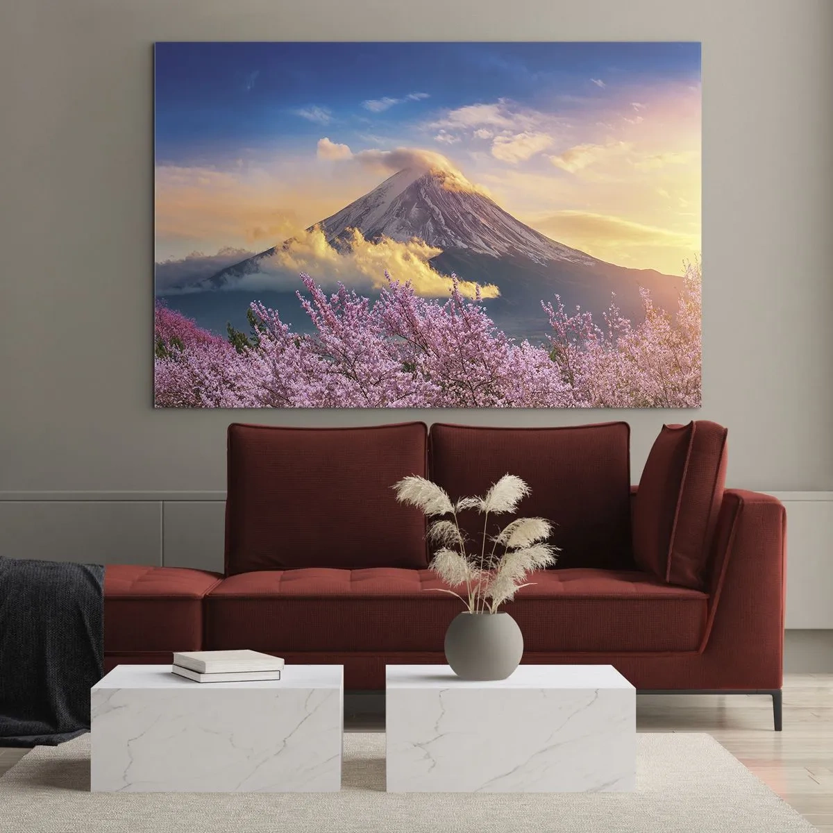 Impression sur verre - Image sur verre - Le mont Fuji en arrière-plan avec des sakura en fleurs au premier plan - 120x80cm - Sainteté japonaise - Décoration murale moderne pour le salon et la chambre ARTTOR