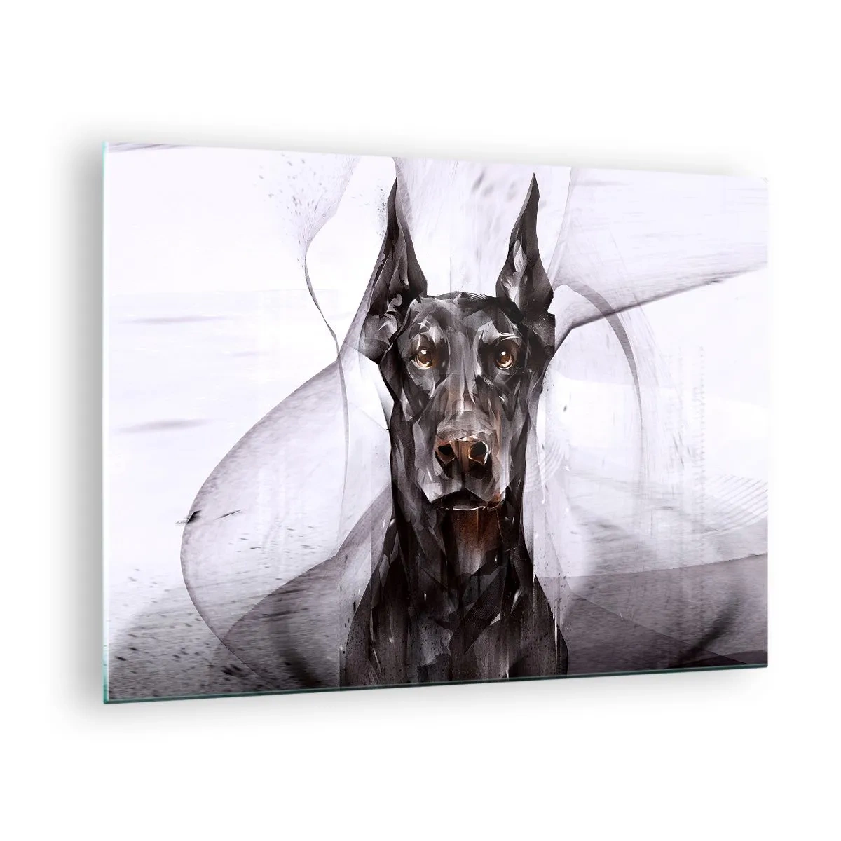 Impression sur verre - Image sur verre - Portrait d'un chien noir dans un style abstrait sur fond clair - 70x50cm - Né noble - Décoration murale moderne pour le salon et la chambre ARTTOR