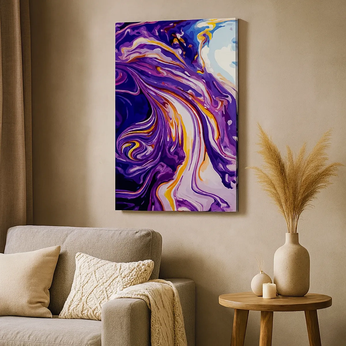 Impression sur toile - Image sur toile - Un motif abstrait dynamique dans des tons de violet et de jaune. - 50x70cm - La courbure de l'espace en violet - Décoration murale moderne pour le salon et la chambre ARTTOR
