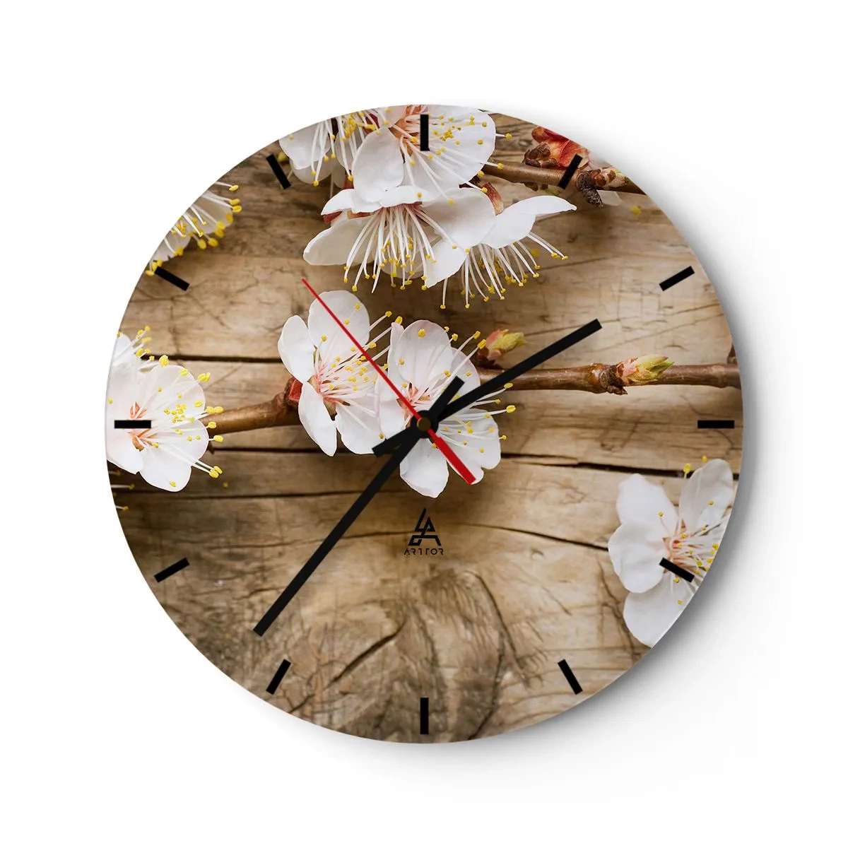 Horloge murale - Pendule murale - Fleurs de cerisier en fleurs sur un fond de planche de bois dans des tons chauds - 30x30cm - Et c'est devenu le printemps - Décoration murale moderne pour le salon, la cuisine et la chambre ARTTOR