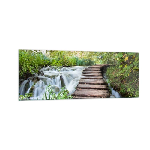 Impression sur verre - Image sur verre - Un pont en bois au-dessus d'une cascade entourée d'une forêt verdoyante. - 140x50cm - L'eau n'est pas si calme - Décoration murale moderne pour le salon et la chambre ARTTOR