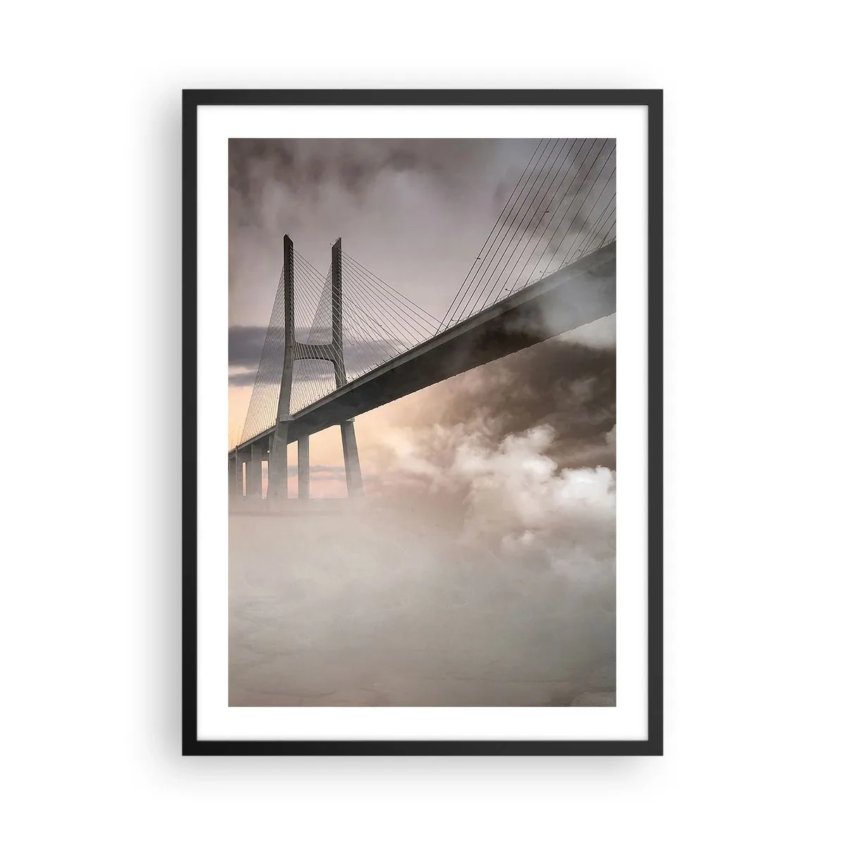 Affiche dans un cadre noir - Poster - Un pont dans le brouillard au lever du soleil - 50x70cm - Sur la rivière qui n'existe pas - Décoration murale moderne pour le salon et la chambre ARTTOR