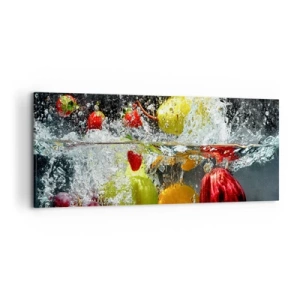 Impression sur toile - Image sur toile - Fruits colorés dans l'eau lors d'une immersion dynamique - 120x50cm - Rafraîchissement fruité - Décoration murale moderne pour le salon et la chambre ARTTOR